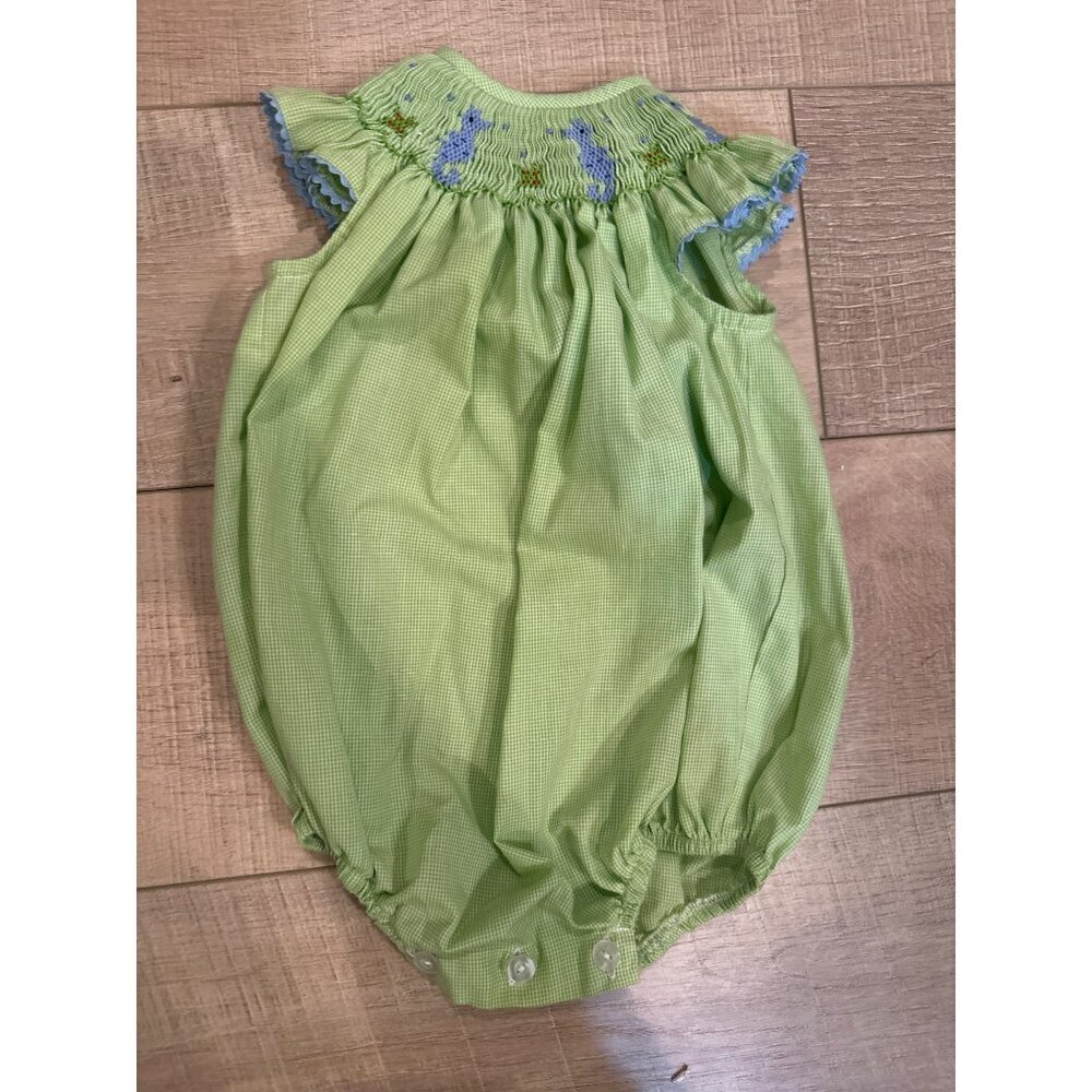 Beth Terrell Infant Green Gingham Romper With Embroidered Seahorses 12 month